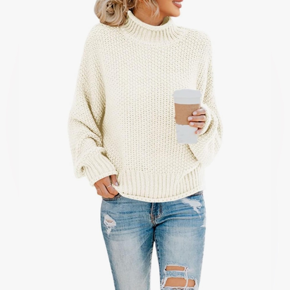 Turtleneck Oversized Batwing Pullover Loose Chunky Knit Jumper Cream Sweater
